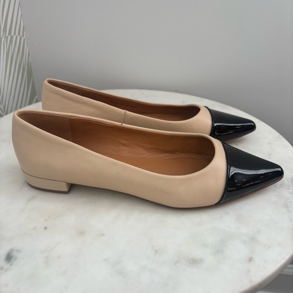 J. Crew Factory Marina Leather Pointy Cap-Toe Flats Beige/Black Preppy Office 6 - Picture 9 of 13